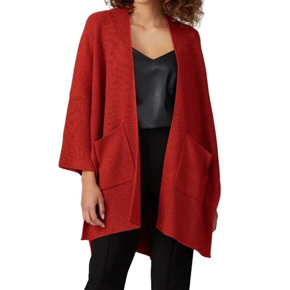 Natori Red Knit wool blend open cardigan with pockets duster S - Picture 1 of 6